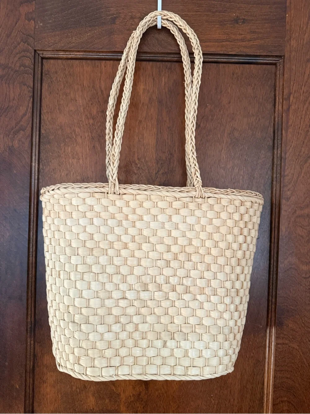 Woven Straw Tote Bag with Pink Floral Embroidery